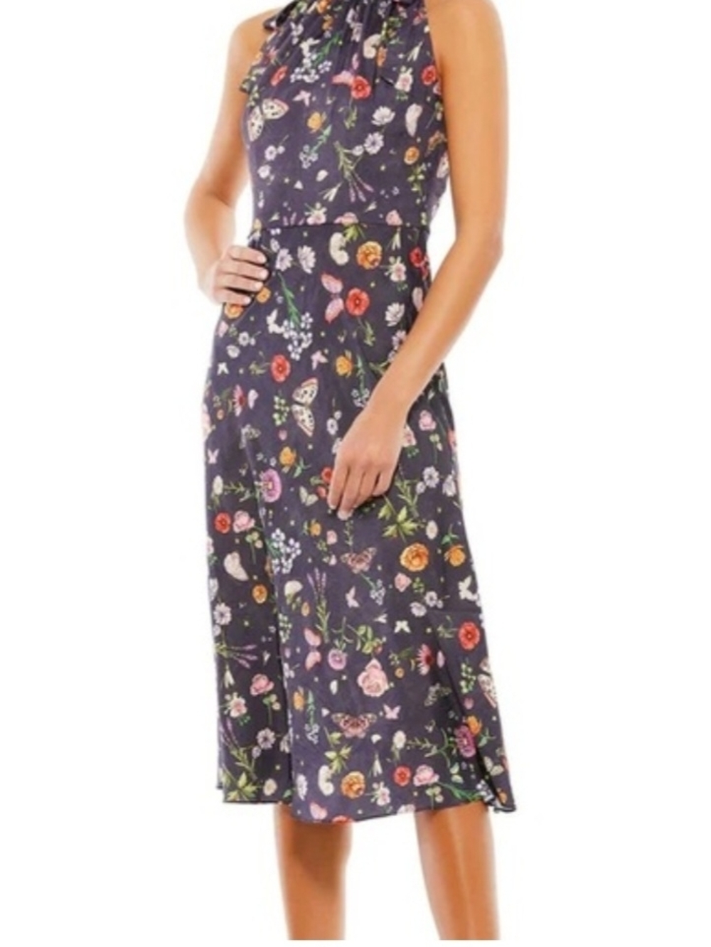 Ieena By McDougal # 55629 Sleeveless Floral Halter Midi Dress in Navy Floral